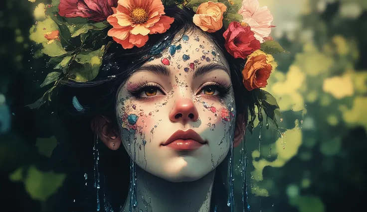 Imagine a surreal portrait of a woman whose face is a mosaic of various textures and materials, including blooming flowers, flowing water, and shimmering crystals. She stands in a lush garden, with dappled sunlight filtering through the leaves, illuminatin...