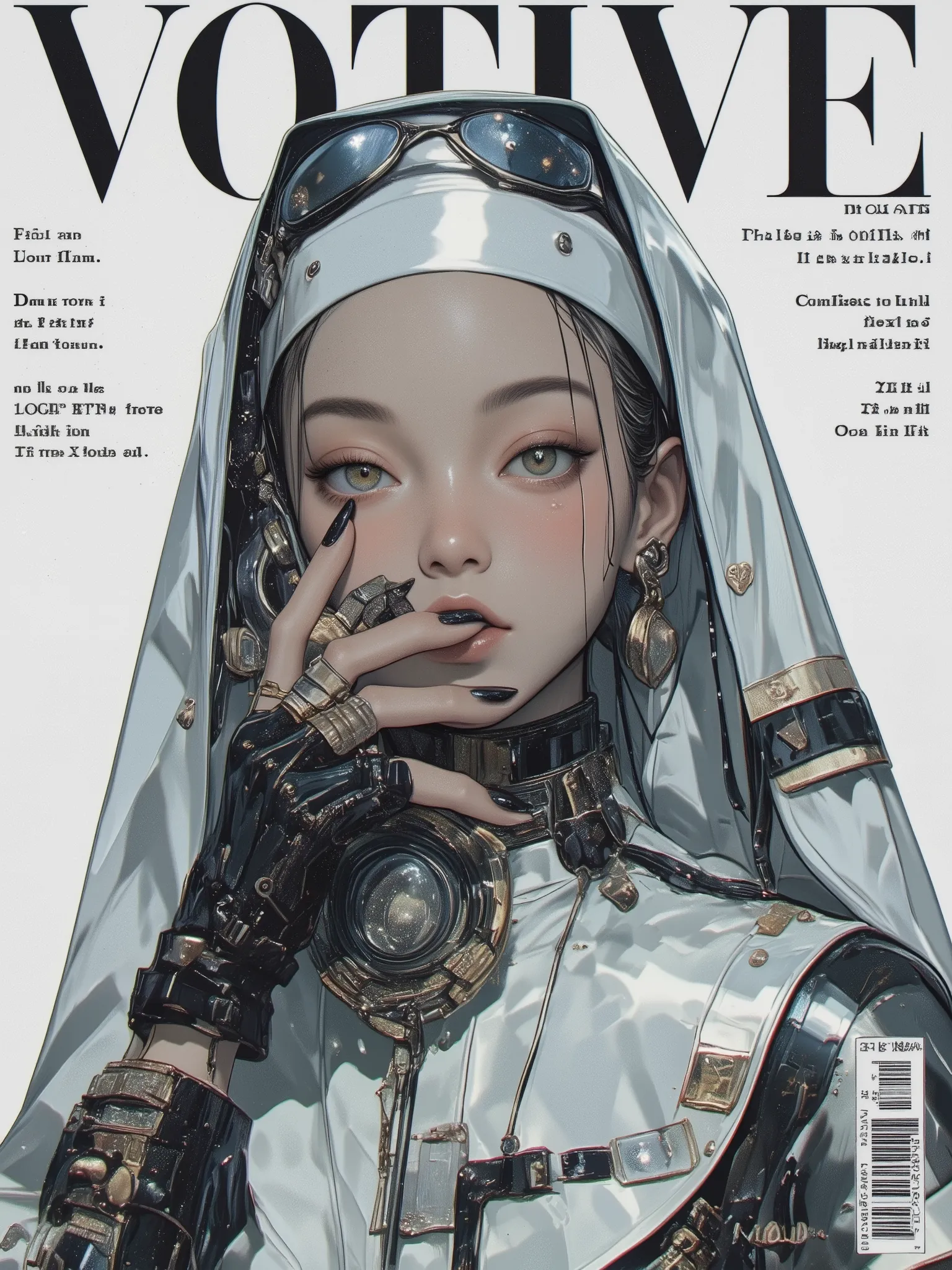 fashion magazine cover featuring a close-up portrait of a stylish woman in a futuristic nun-inspired outfit, wearing a sleek modern habit and avant-garde accessories, her gaze calm and enigmatic, elegant makeup and dramatic lighting, minimal neutral backgr...