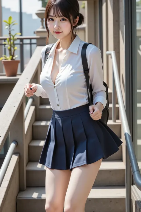 smile, A photorealistic digital painting of a slender young woman with smooth fair skin and voluptuous firm breasts emphasized by a wide deep cleavage beneath a snug slightly sheer white button-up school shirt with fine weave and two top buttons undone to ...