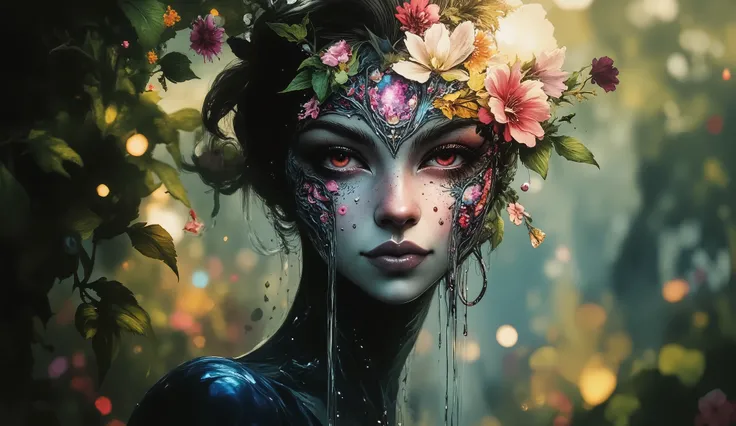 Imagine a surreal portrait of a woman whose face is a mosaic of various textures and materials, including blooming flowers, flowing water, and shimmering crystals. She stands in a lush garden, with dappled sunlight filtering through the leaves, illuminatin...