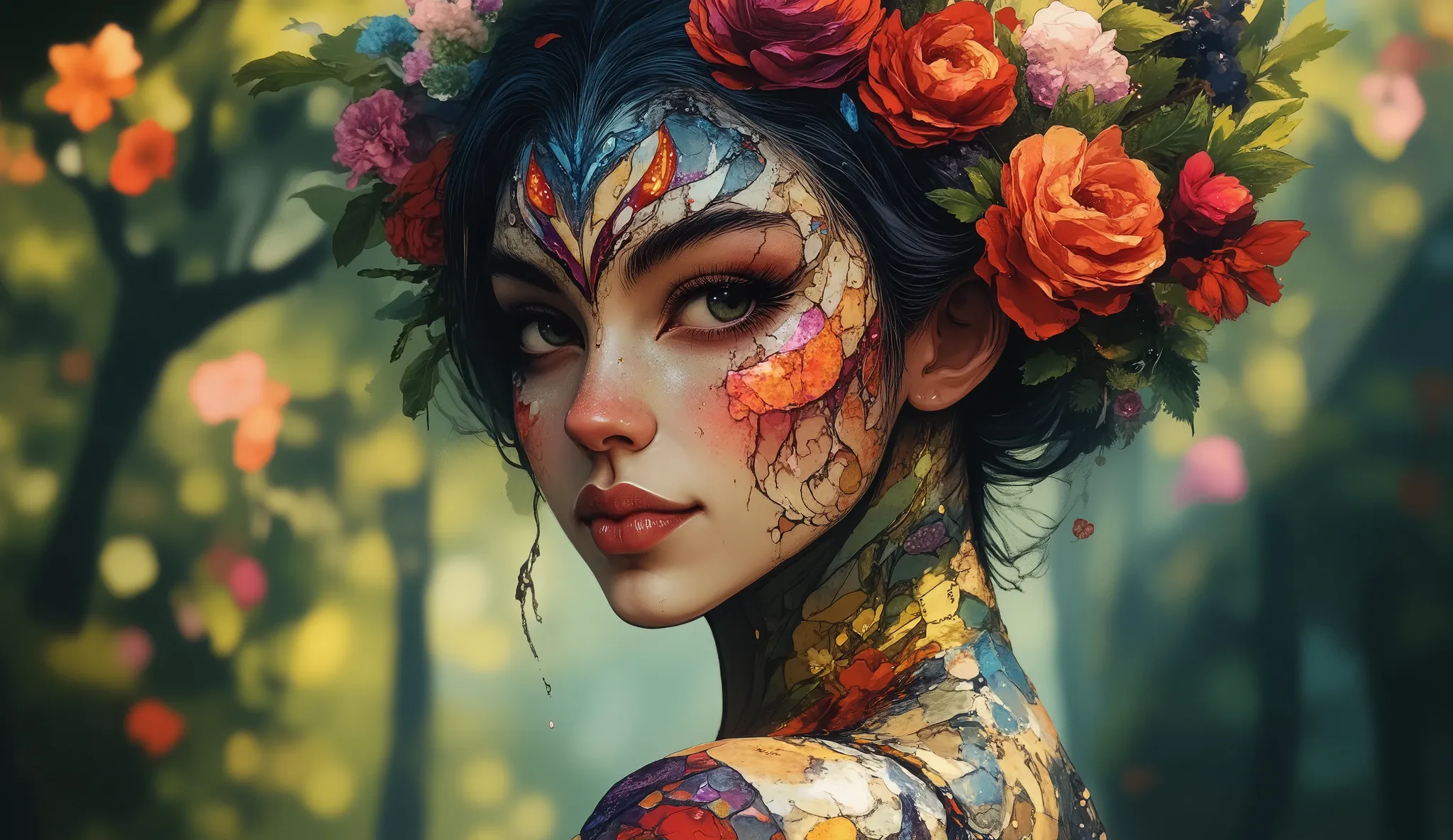 Imagine a surreal portrait of a woman whose face is a mosaic of various textures and materials, including blooming flowers, flowing water, and shimmering crystals. She stands in a lush garden, with dappled sunlight filtering through the leaves, illuminatin...