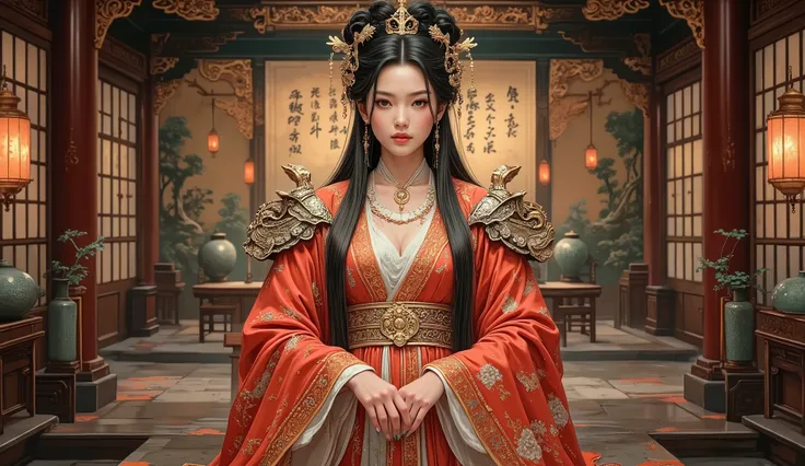 A breathtakingly elegant and regal East Asian empress, exuding an aura of wisdom and authority. Her long, flowing obsidian hair is intricately styled with golden phoenix hairpins, symbolizing prosperity and power. Her sharp, refined facial features and ser...