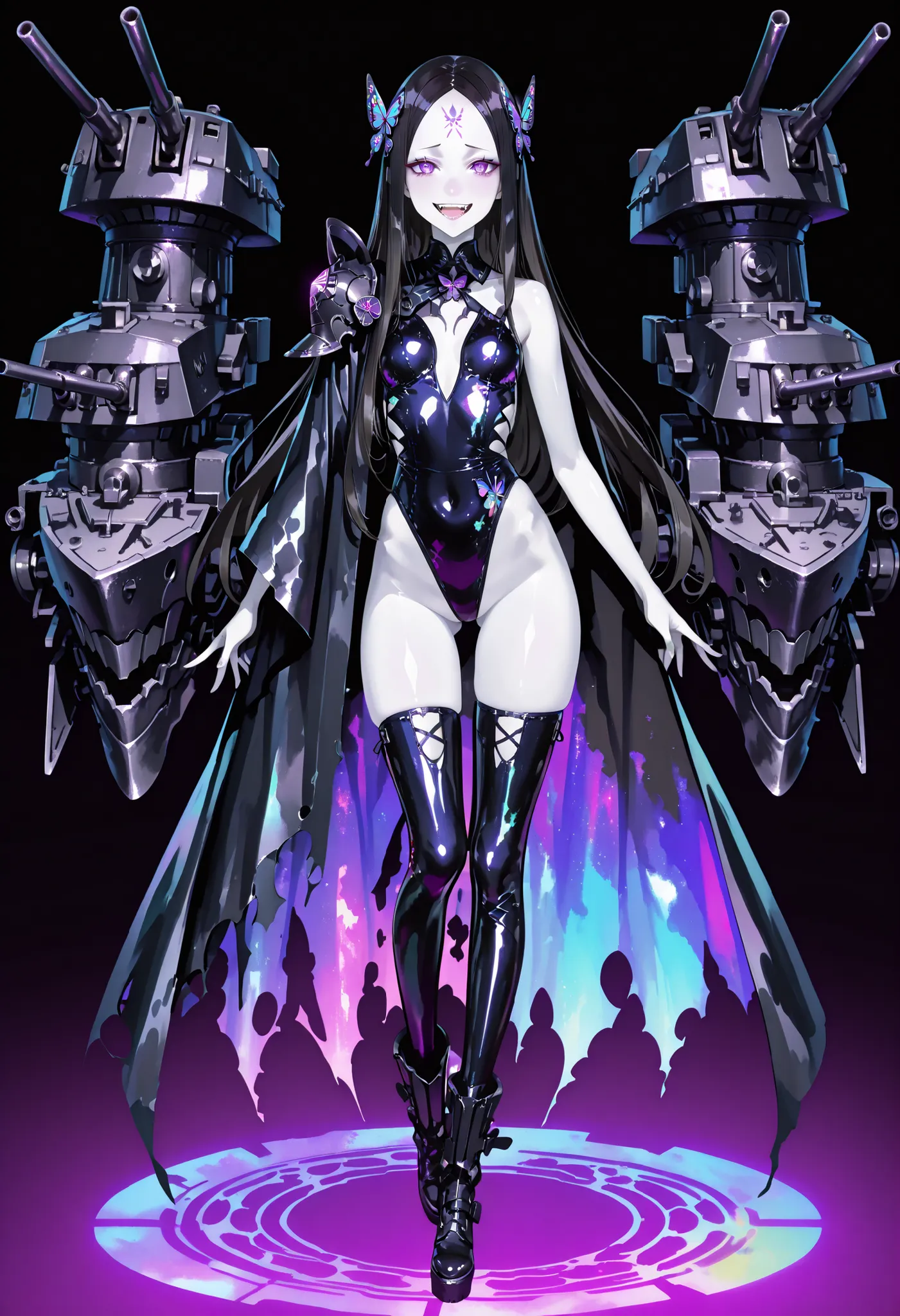 Dark magical girl. Black hair. Show forehead. Butterfly motif hair ornament. Long hair. Glowing purple eyes. Fearless smile. White skin. Holographic pigment costume. Thong swimsuit. Asymmetric shoulder armor. Oversized latex boots. Torn costume. Asymmetric...