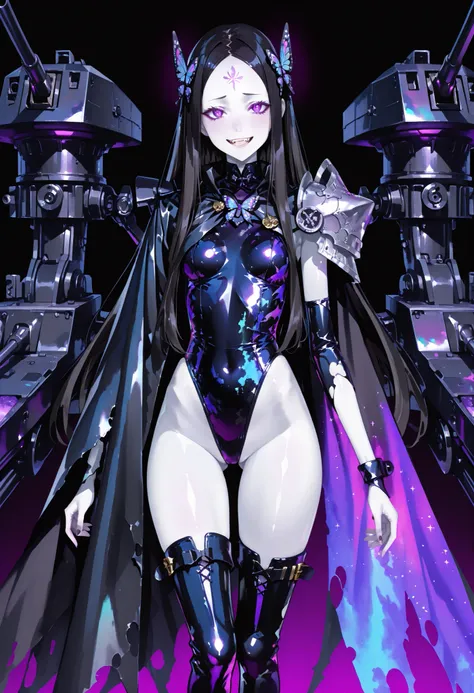 Dark magical girl. Black hair. Show forehead. Butterfly motif hair ornament. Long hair. Glowing purple eyes. Fearless smile. White skin. Holographic pigment costume. Thong swimsuit. Asymmetric shoulder armor. Oversized latex boots. Torn costume. Asymmetric...