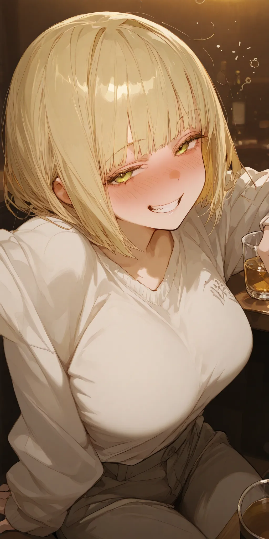 best quality, masterpiece, general, SakimiStyle, SagawaStyle, 1girl, modern bar, sitting, drunk, large breast, looking at viewer, blonde short bob hairstyle, loose mouth, grin