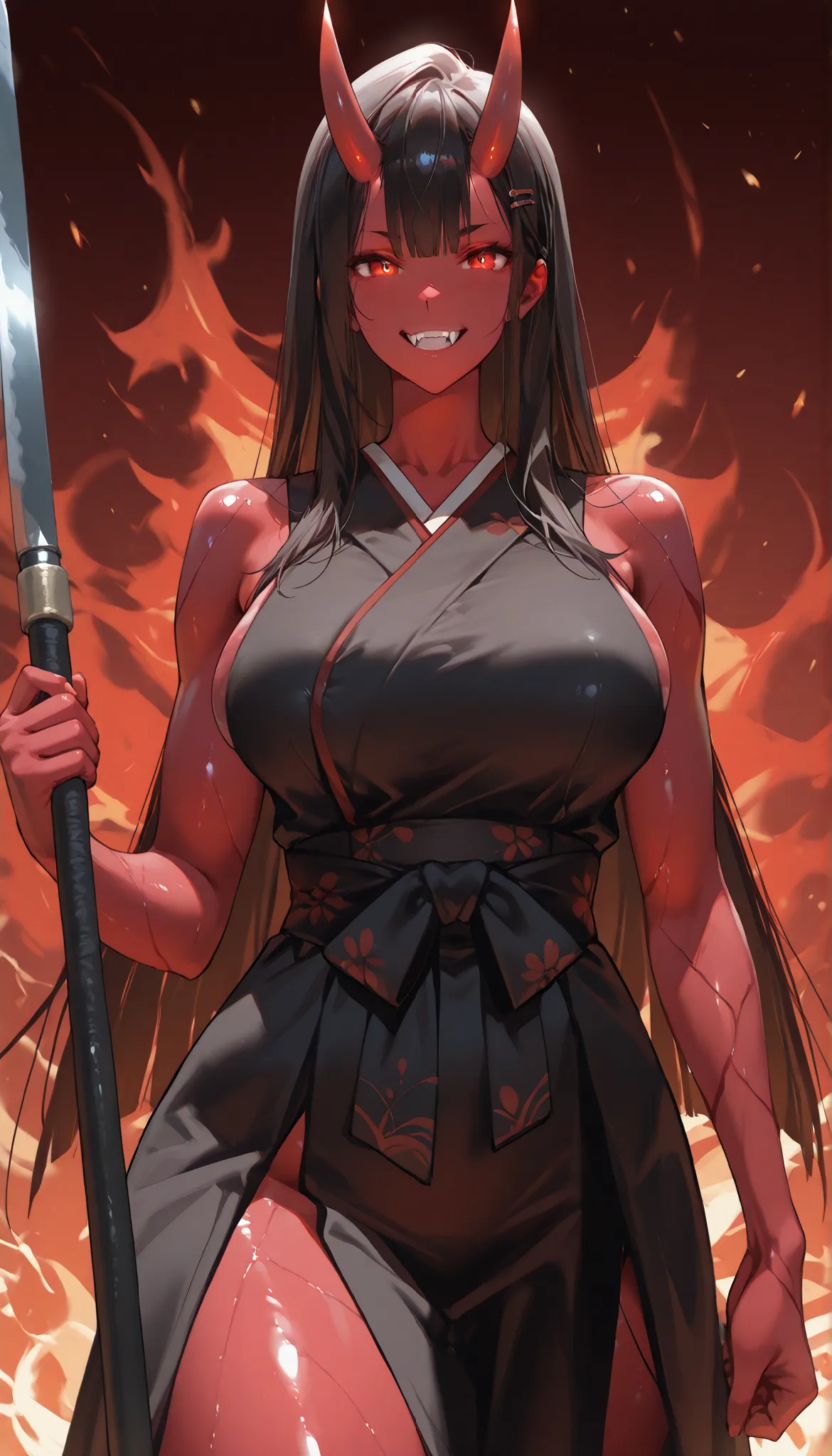 A Female(Japanese Oni),mature face,Oni Horns,Red Glowing pupil,big grin,(big fangs:1.1),(black Long straight hair,straight ban,Hairpin),(Wearing a Black kimono)(Sleeveless:1.2),(Muscular,Slim body),curvy thighs,(holding One red Naginata In Her Hand),Cloro-...