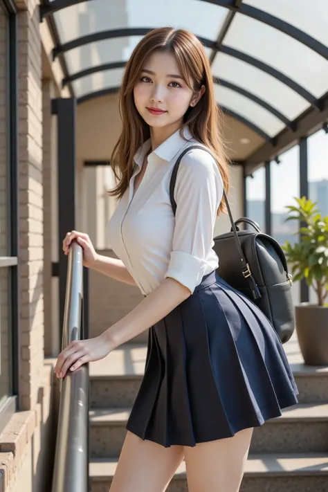 smile, hair styled in aplatinum blonde, gold hair,A photorealistic digital painting of a slender young woman with smooth fair skin and voluptuous firm breasts emphasized by a wide deep cleavage beneath a snug slightly sheer white button-up school shirt wit...