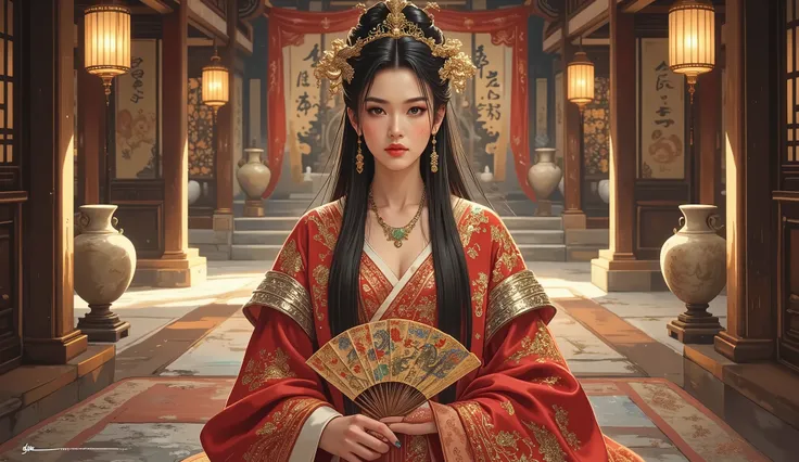 A breathtakingly elegant and regal East Asian empress, exuding an aura of wisdom and authority. Her long, flowing obsidian hair is intricately styled with golden phoenix hairpins, symbolizing prosperity and power. Her sharp, refined facial features and ser...