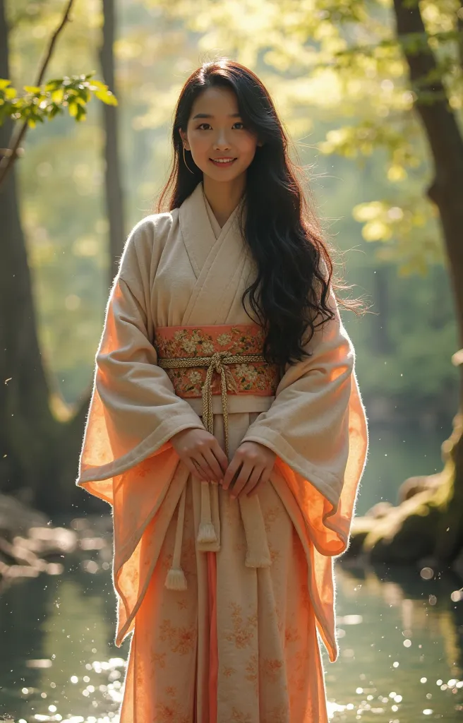 A real, slender, 18-year-old Oriental Japanese girl standing near a hot spring inside a spring forest. She is wearing a thick lambswool traditional Wafuku (kimono), smiling warmly with a humanity smile. She has delicate facial features, black eyes, soft nose, slim fingers, visible slender legs, thin waist, small chest, gentle hips. Her lush, beyond-floor-length black hair flows slightly in a soft breeze.

Her entire slim body must be fully visible: face, hair, hands, chest, waist, hips, legs, feet, shoes, with natural body curve and streamlined posture.

The background is a vibrant spring forest with soft sunlight filtering through fresh leaves, ambient warm light, slightly misty and dreamlike atmosphere.

Extremely detailed hair strands, soft lambswool texture with visible fibers, delicate face shading, natural skin texture.

Focus on the girl, background slightly blurred. The entire scene should convey warmth, purity, gentleness, and a pure soul energy.