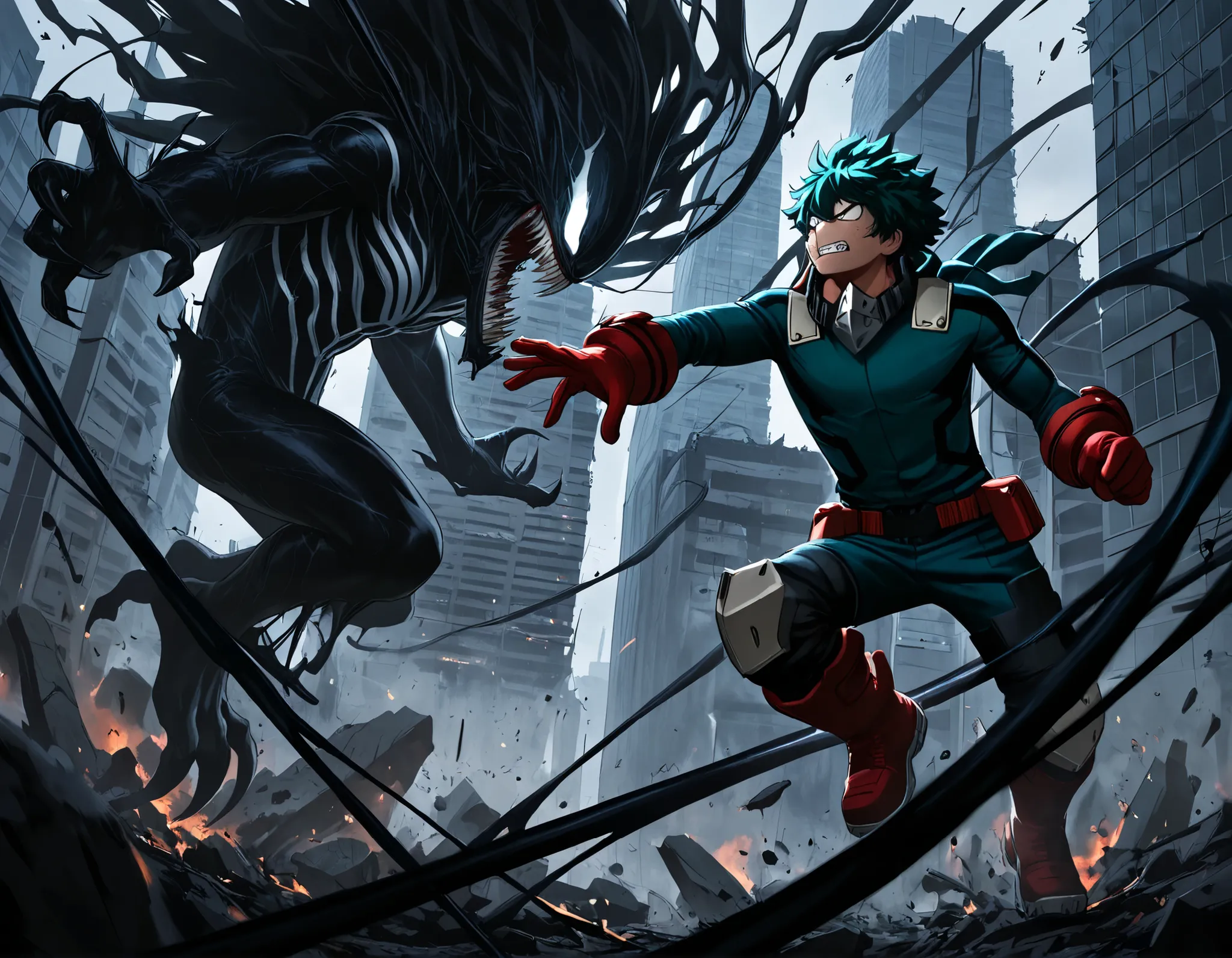 Izuku Midoriya (Deku) from My Hero Academia wearing his green hero costume with red belt and iron-plated boots, mid-action dynamic pose, intense battle expression, green messy hair, mask hanging from neck, urban city background in destruction, debris and r...