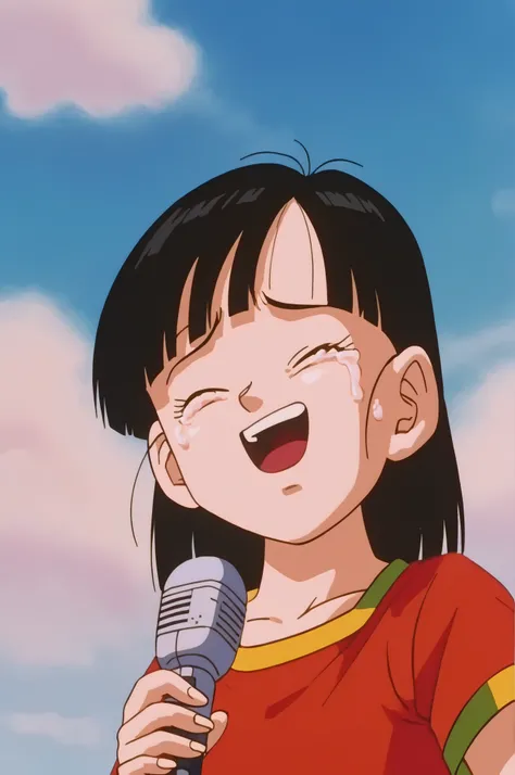 source_anime, score_9, score_8_up, score_7_up, anime screencap, absurdres, high quality,
pan \(dragon ball\), dragon ball gt, 1 girl, alone, looking at viewer, smile, short hair, bangs, black hair, collarbone, upper body, gold trim, short sleeves, sky, day...