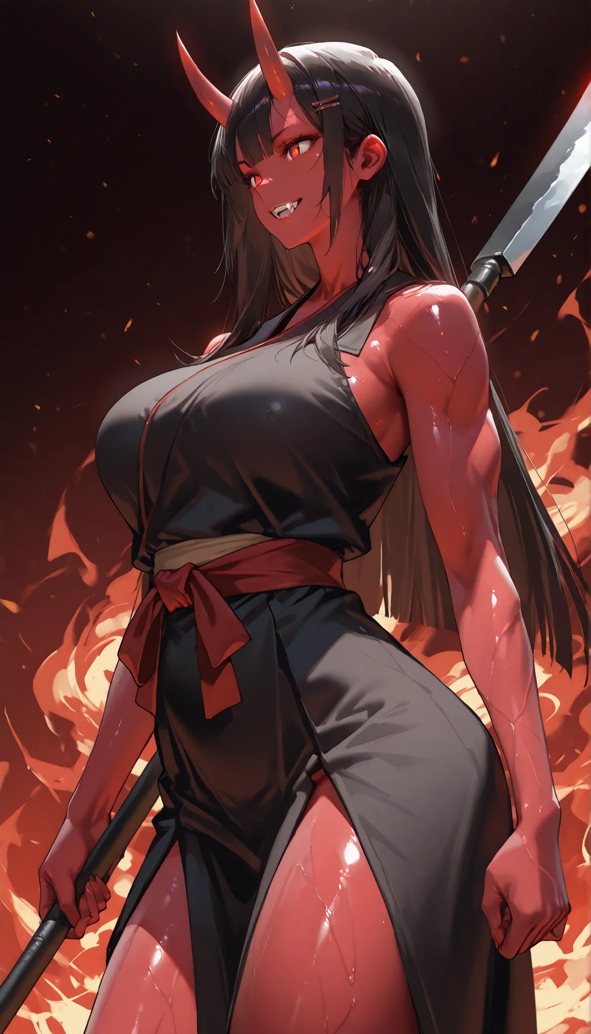 A Female(Japanese Oni),mature face,Oni Horns,Red Glowing pupil,big grin,(big fangs:1.1),(black Long straight hair,straight ban,Hairpin),(Wearing a Black kimono)(Sleeveless:1.2),(Muscular,Slim body),curvy thighs,(holding One red Naginata In Her Hand),Cloro-...