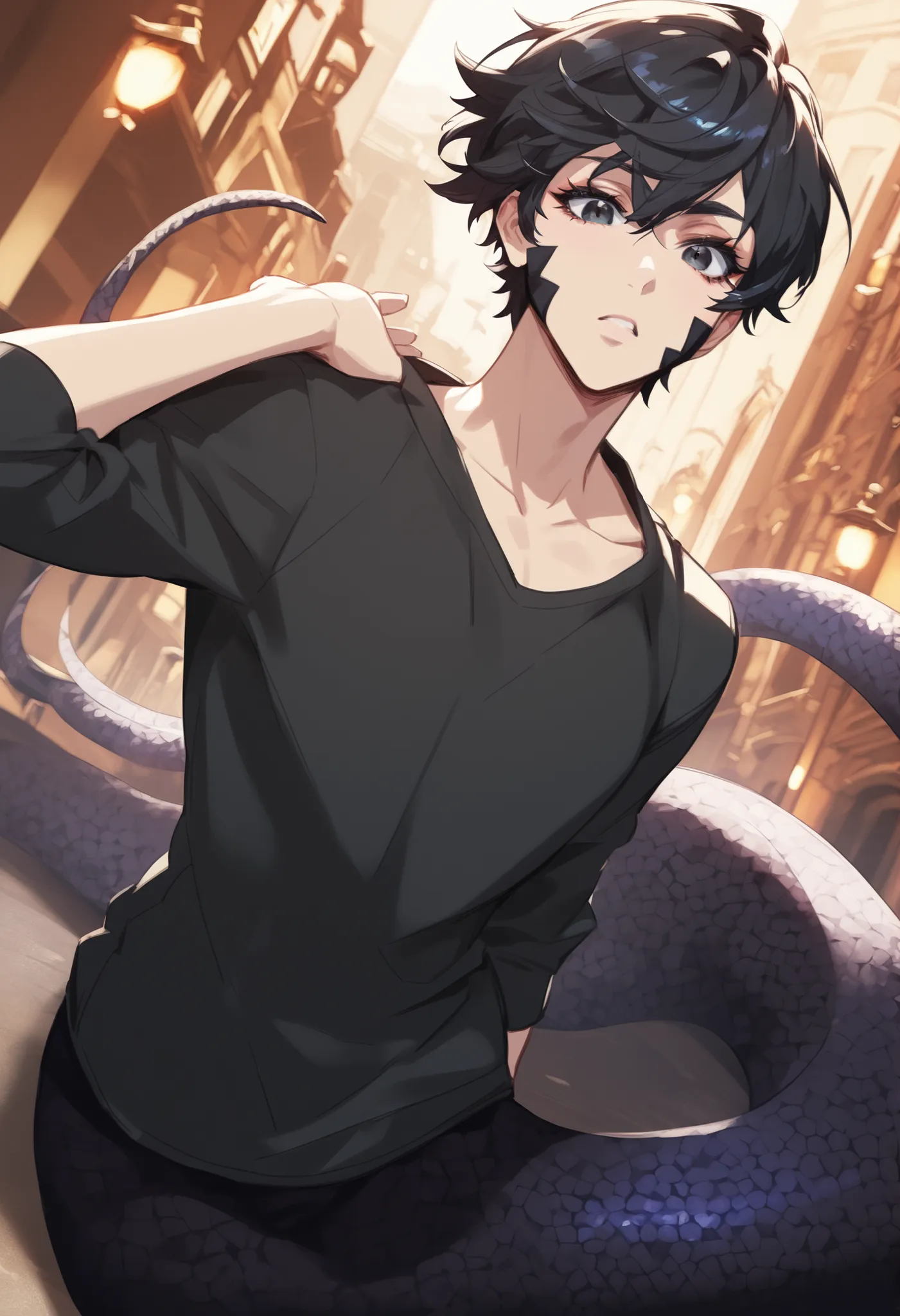 1boy, solo, looking at viewer, facing viewer, cowboy shot angle, best quality, highly detailed, eyelashes, curvy male body, black eyes, bangs, black hair, emo fashion, lean, twink, lamia, miia male version, snake boy, black scales, black snake tail,