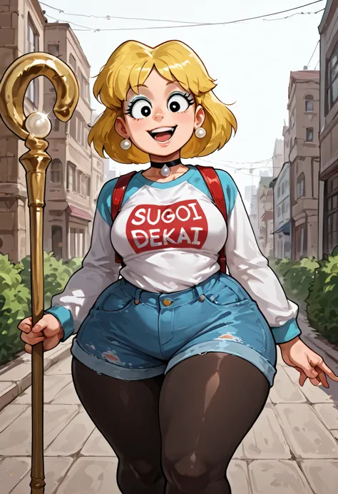 Lori Loud. medium breasts, huge hips, blonde hair, black eyes, blue eyeshadow, pearl earrings, white earrings. choker.| Score 9, Score 8, Score 7, Masterpiece, Superior Quality, Amazing Quality, Masterpiece, Maximum Quality, Ultra-detailed, Alone, White Fr...