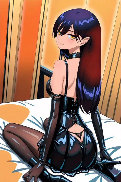 crouching、squatting、(((sitting cross leged)))、spread legs、BDSM、Queen、mistress、(((girl)))、(((solo:1.8)))、(((black latex elbow gloves:1.4)))、(((black latex corset dress:1.4)))、(((corset dress is decorated with beautiful lace)))、(((Corset Dress with Shoulder ...