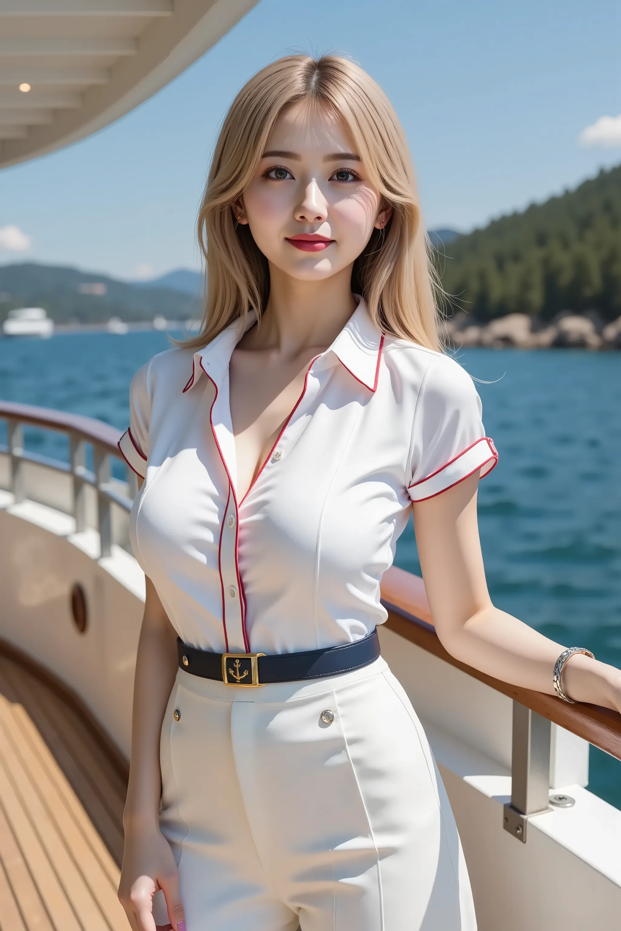 smile, hair styled in aplatinum blonde, gold hair,A photorealistic digital painting of a slender young woman with smooth fair skin and voluptuous firm breasts emphasized by a wide deep cleavage beneath a crisp white short-sleeve collared shirt with conceal...
