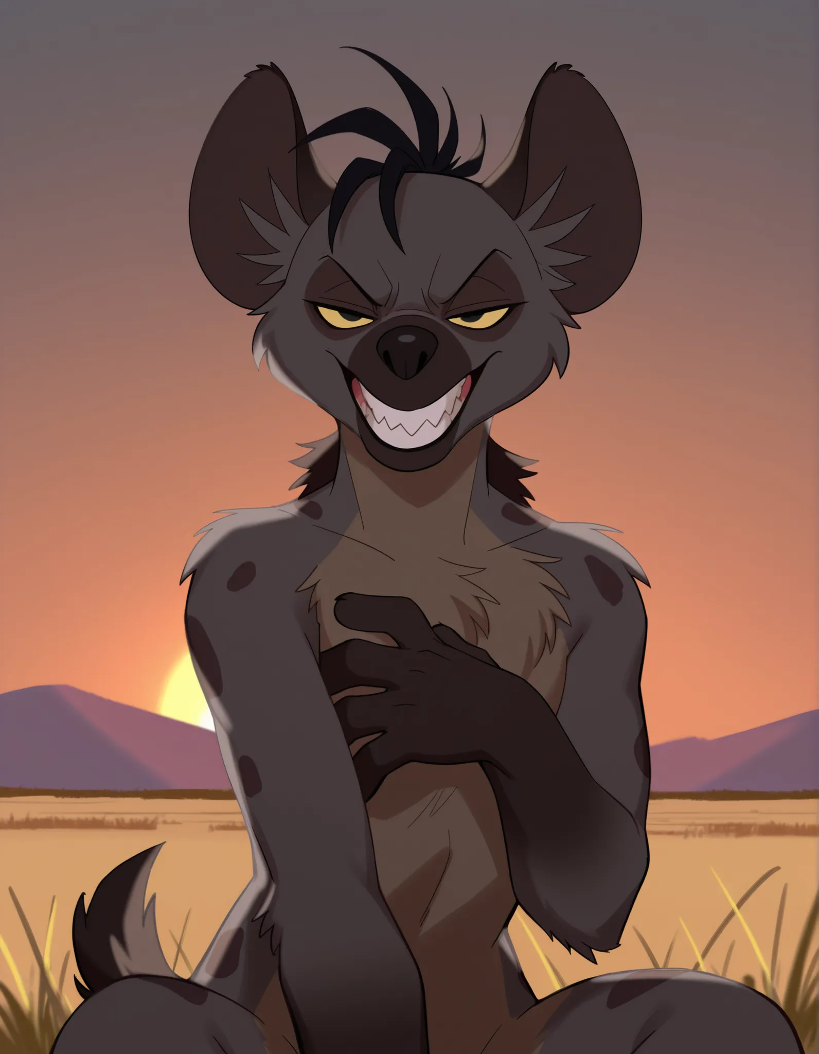 solo, Shenzi,  furry, feral, hyena ears, black hair, short hair, back mane, dark-grey inner ear fluff, yellow sclera, black eyes, black nose, dark-grey body, dark-grey fur, dark-brown body, dark-brown fur, two tone body, two tone fur, dark-grey spots, shor...