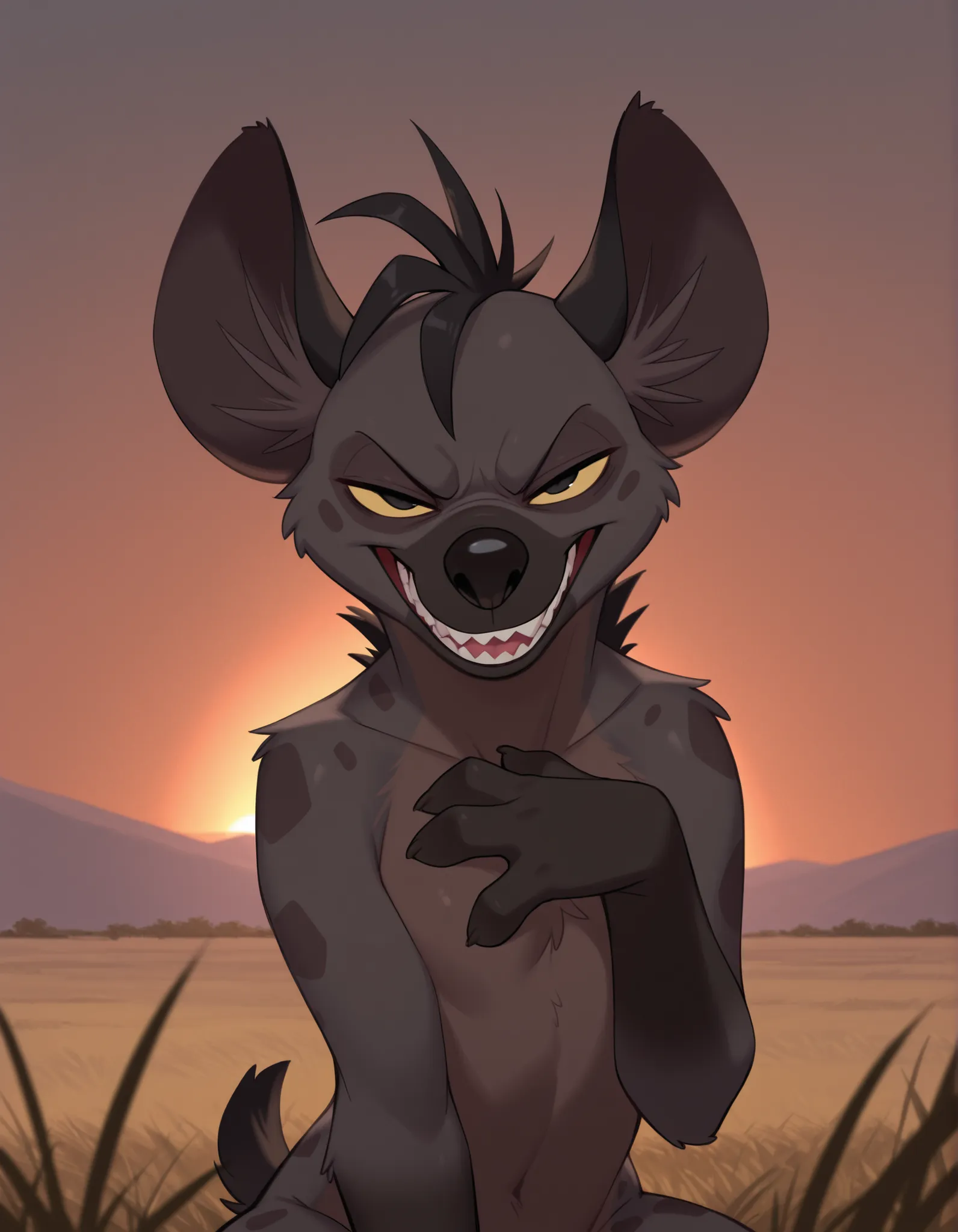 solo, Shenzi, furry, feral, hyena ears, black hair, short hair, back mane, dark-grey inner ear fluff, yellow sclera, black eyes, black nose, dark-grey body, dark-grey fur, dark-brown body, dark-brown fur, two tone body, two tone fur, dark-grey spots, shor...