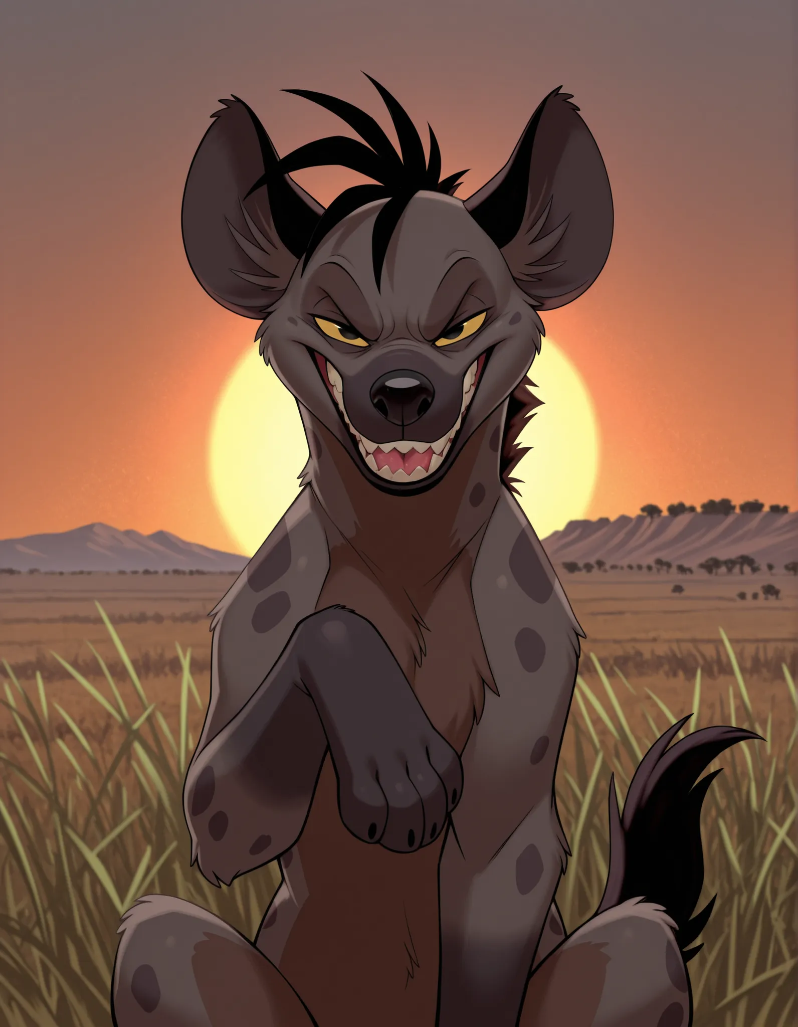 solo, Shenzi,  furry, feral, hyena ears, black hair, short hair, back mane, dark-grey inner ear fluff, yellow sclera, black eyes, black nose, dark-grey body, dark-grey fur, dark-brown body, dark-brown fur, two tone body, two tone fur, dark-grey spots, shor...