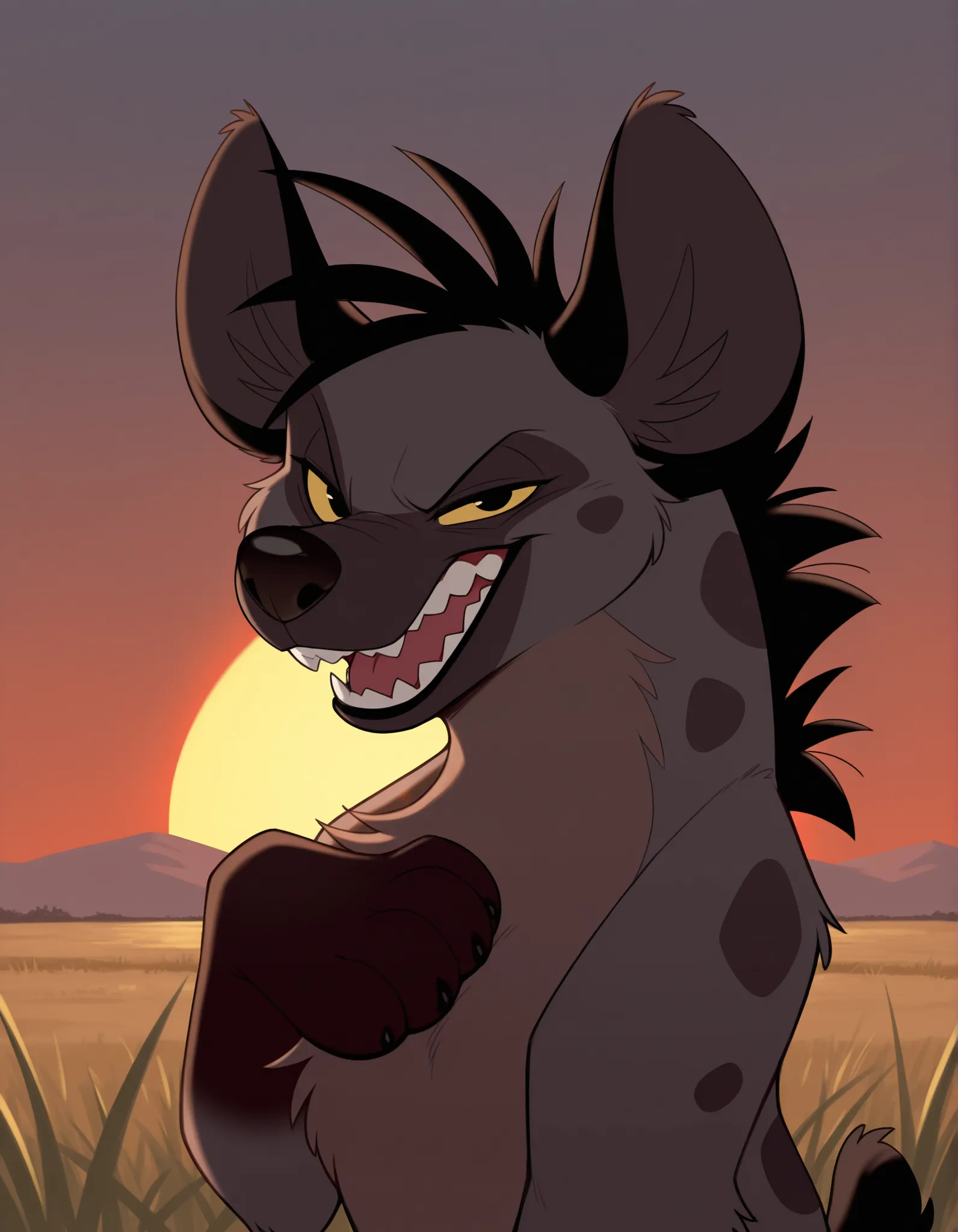 solo, Shenzi,  furry, feral, hyena ears, black hair, short hair, back mane, dark-grey inner ear fluff, yellow sclera, black eyes, black nose, dark-grey body, dark-grey fur, dark-brown body, dark-brown fur, two tone body, two tone fur, dark-grey spots, shor...