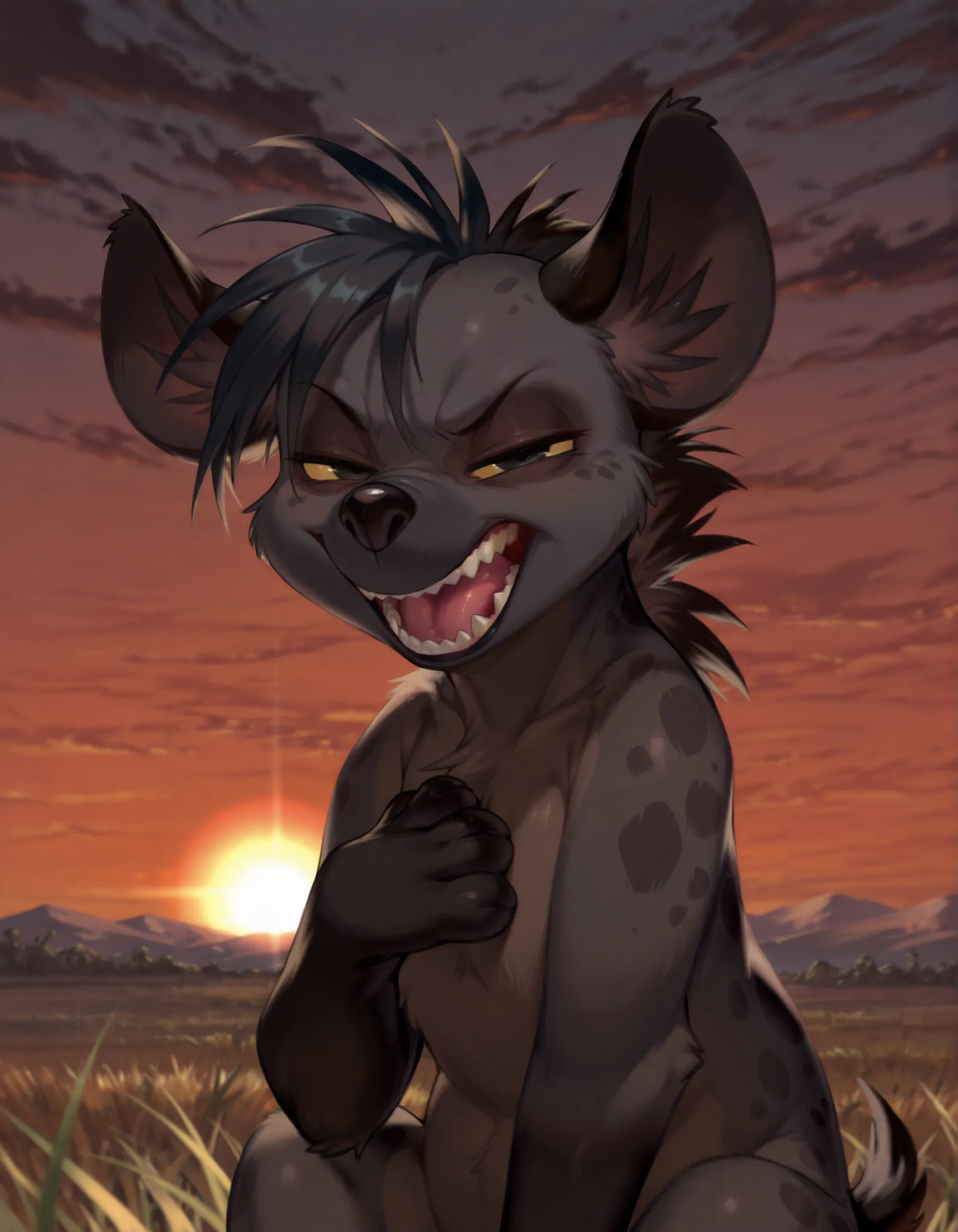 masterpiece, best quality, very aesthetic,, solo, (Shenzi:1.3), furry, feral, hyena ears, black hair, short hair, back mane, dark-grey inner ear fluff, yellow sclera, black eyes, black nose, dark-grey body, dark-grey fur, dark-brown body, dark-brown fur, t...