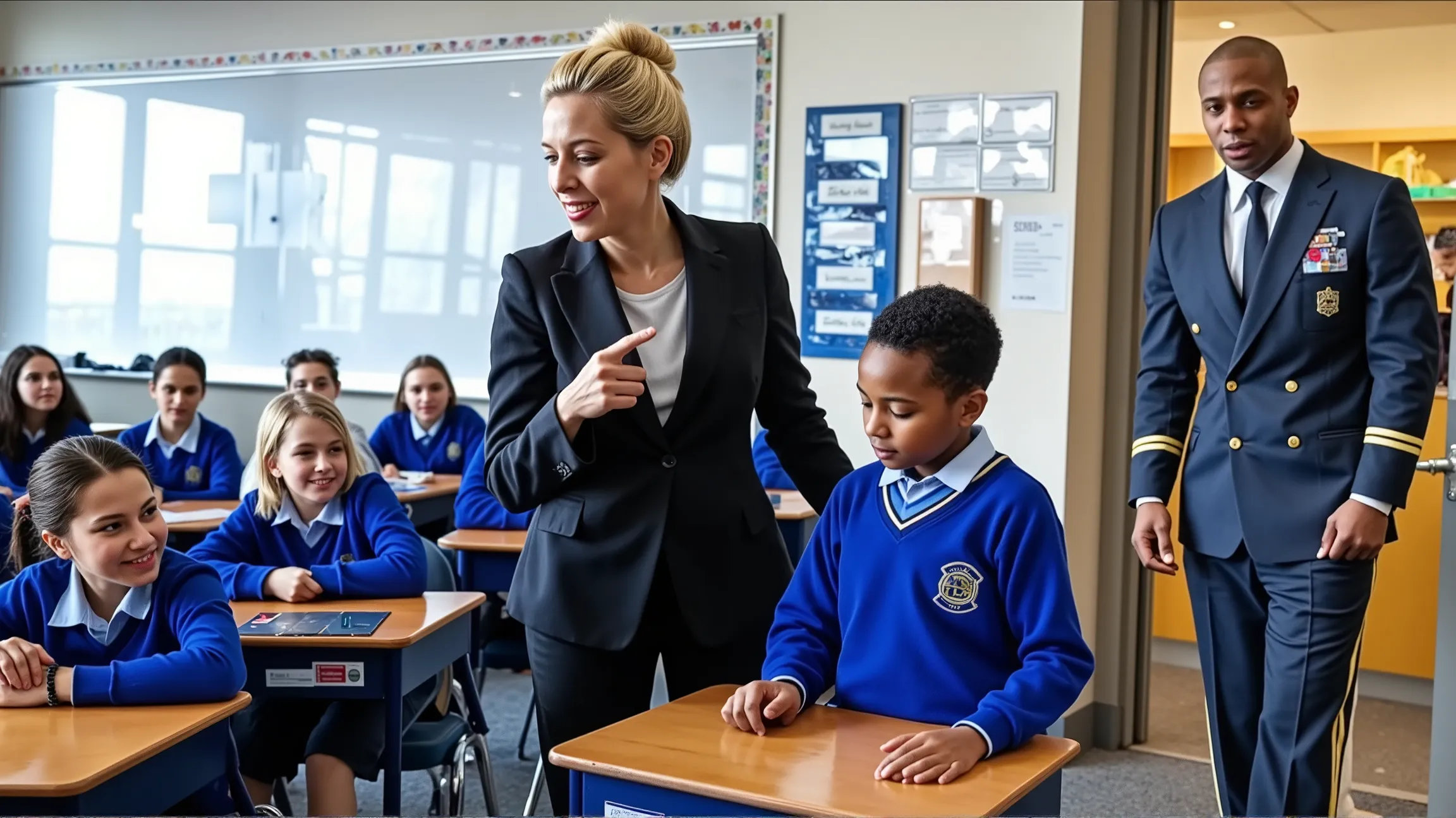 Change the teacher's hair to short hair.