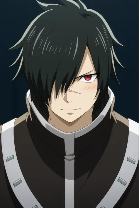 rogue_cheney, black hair, red eyes, hair over one eye, scar tattoo close-up, official style, anime screencap, 8K, extremely detailed, 1boy, solo, looking at viewer, black background , shadow , dynamic angle , dynamic action , atmospheric perspective , intr...