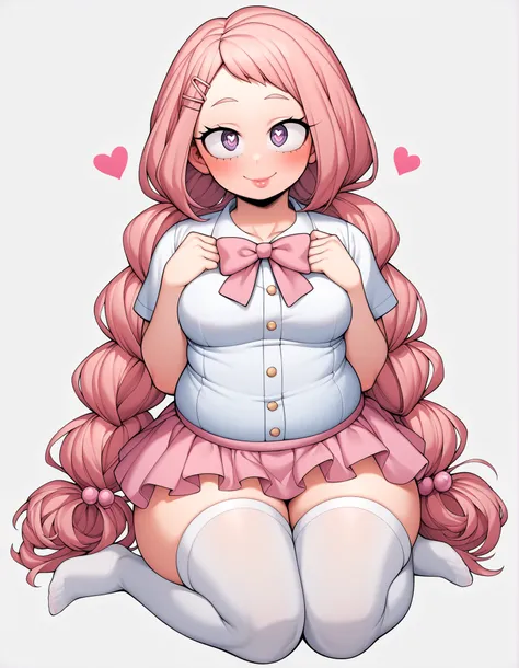 score_9, score_8_up, score_7_up, source_anime, Boku no Hero Academia screencrap, My hero academy, girl 18 years old, chubby body, chubby thighs, chubby arms, she has very long white wavy hair with a cute hairstyle with low twin tails (pigtails), secured wi...