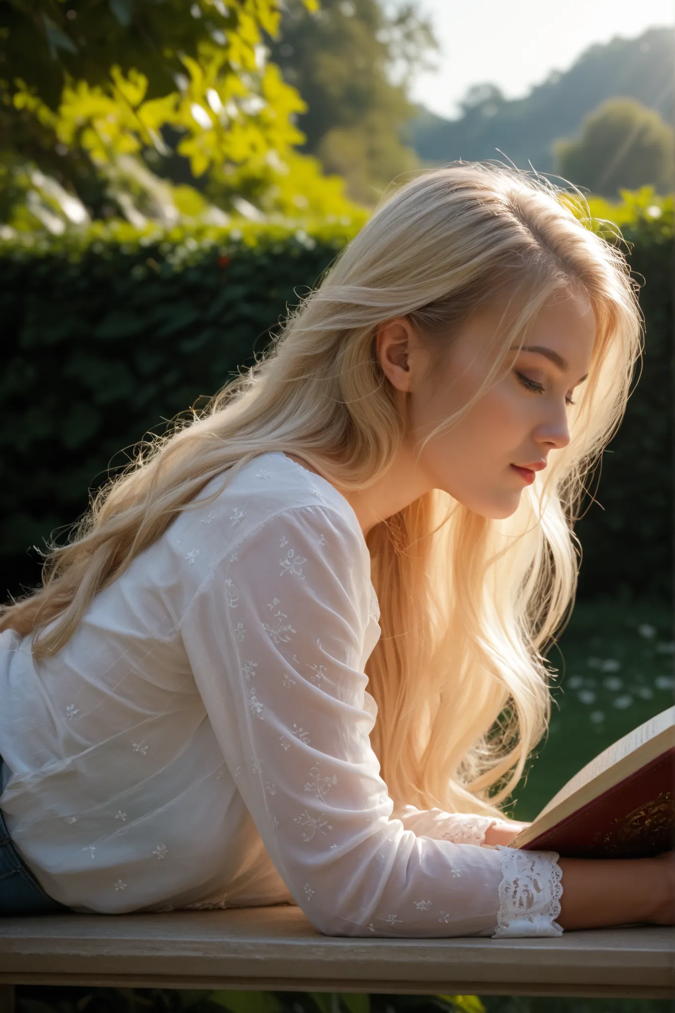 Beautiful 25 year old blonde woman, reading a book, outdoors, long hair, 16mm photography, 16mm film photography, realistic, masterpiece, sunlight