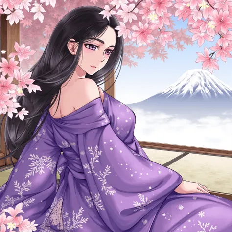 Illustrations、anime、Beautiful girl sitting、Purple Kimono、Japanese Women、Japanese-style room、loose、Mt. Fuji、cherry blossoms、