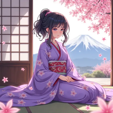 Illustrations、anime、Beautiful girl sitting、Purple Kimono、Japanese Women、Japanese-style room、loose、Mt. Fuji、cherry blossoms、