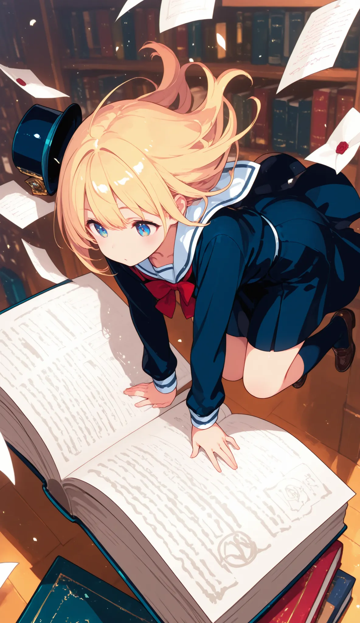 Poetry Book Layout, books flying, Poems in letters flying around the girl, full body