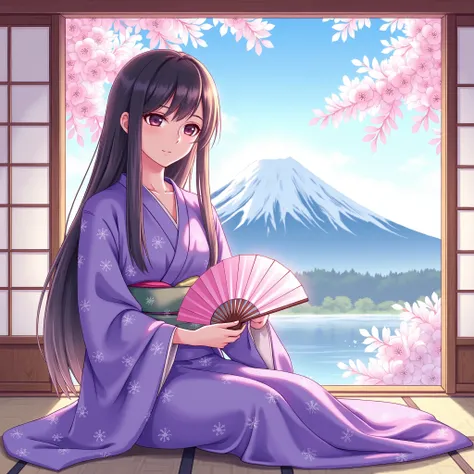 Illustrations、anime、Beautiful girl sitting、Purple Kimono、Japanese Women、Japanese-style room、loose、Mt. Fuji、cherry blossoms、fan、