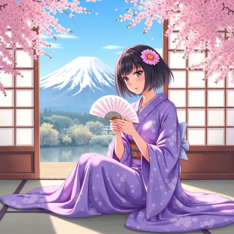 Illustrations、anime、Beautiful girl sitting、Purple Kimono、Japanese Women、Japanese-style room、loose、Mt. Fuji、cherry blossoms、fan、