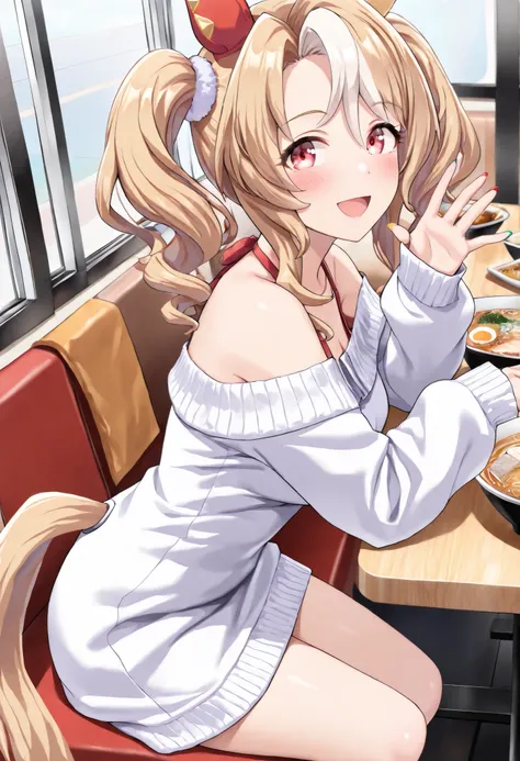 (masterpiece, best quality, perfect face:1.4), wide angle, fusaichi_pandora\(umamusume\), 1girl, floating hair, twintails, white hair bobbles, horse ears, (two-tone ear covers), multicolored nails, horse tail, tail on the lower back, proportional body, pro...