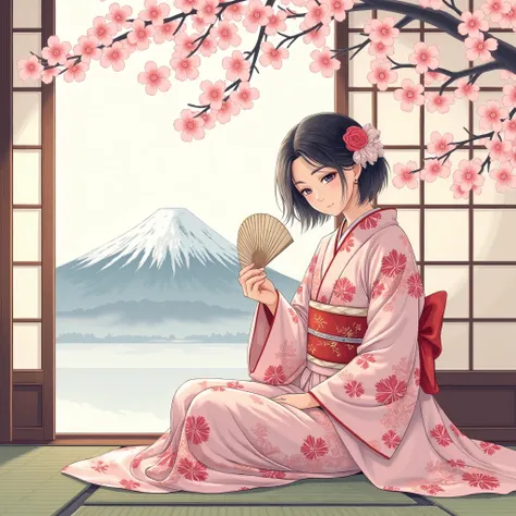 Illustrations、anime、Beautiful girl sitting、floral kimono、Japanese Women、Japanese-style room、loose、Mt. Fuji、cherry blossoms、fan、
