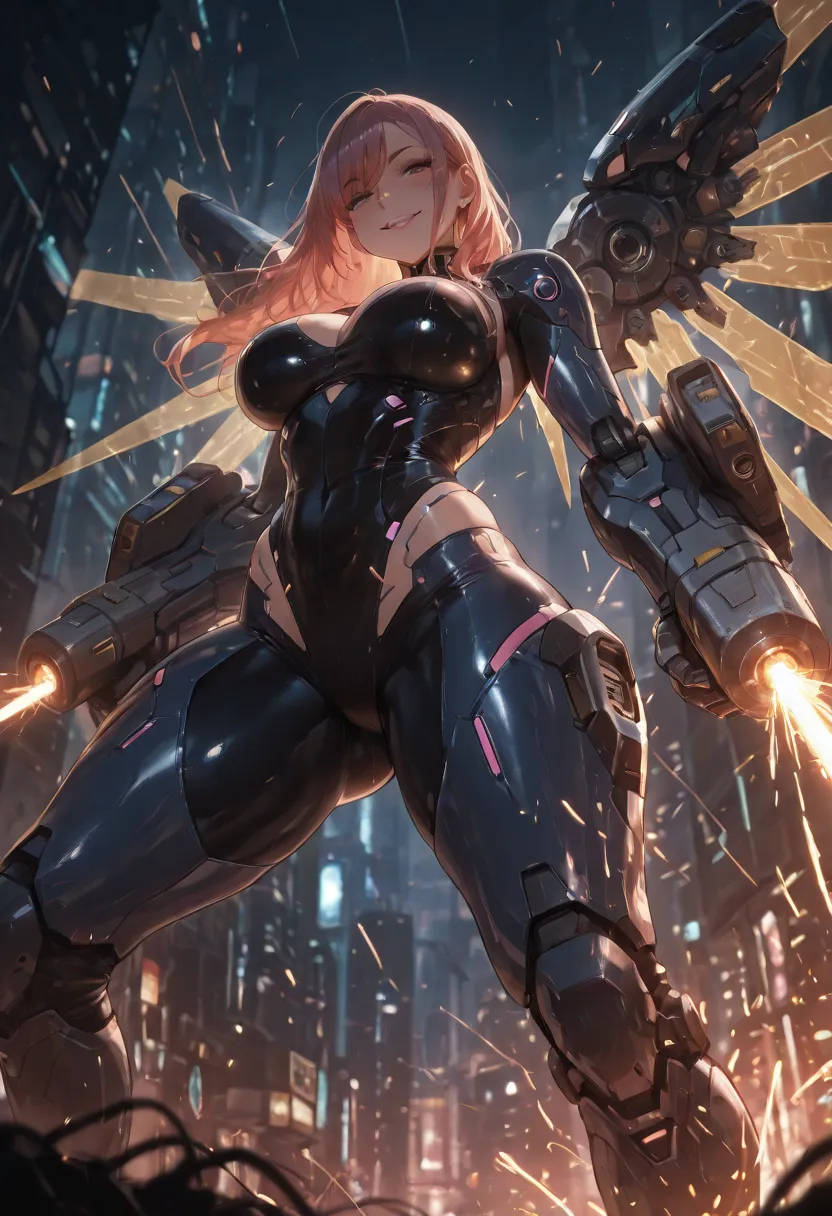 (science fiction:1.2), flying, floating, from below, cyberpunk, amazing masterpiece, top quality, high fashion, absurdres extremely, HDR, intricate details, vivid colors, curvy beauty body, flawless smooth body, very beautiful face, very beautiful female, ...