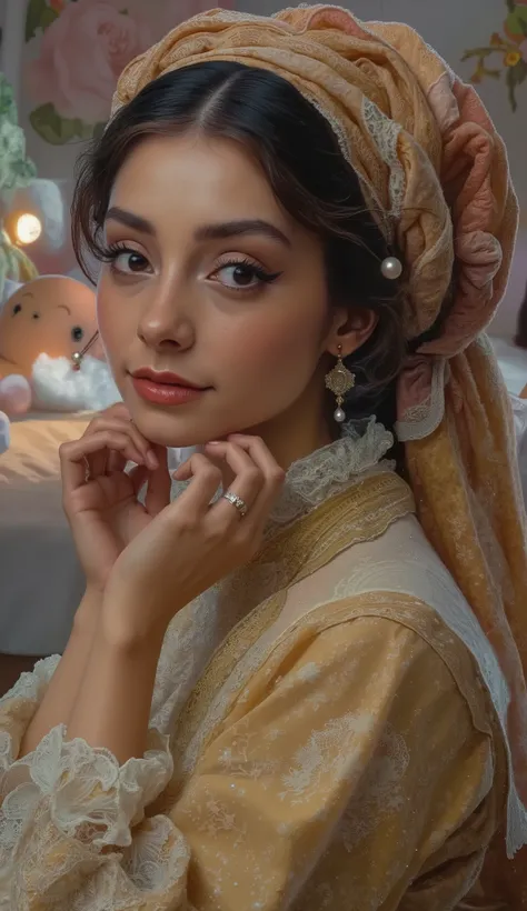 Tight frame captures her ivory profile, robots hands touching her hands, looking at viewer, headwrap’s cobalt spirals dissolving into a dreamlike wash of William Morris-style florals. Animal Butler, Lorek’s hyperrealism renders each pore luminous; pearls n...