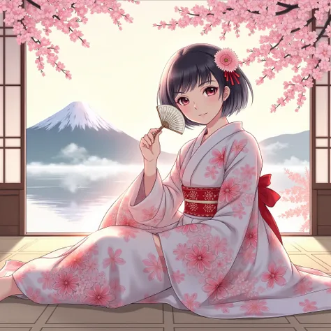 Illustrations、anime、Beautiful girl sitting、floral kimono、Japanese Women、Japanese-style room、loose、Mt. Fuji、cherry blossoms、fan、