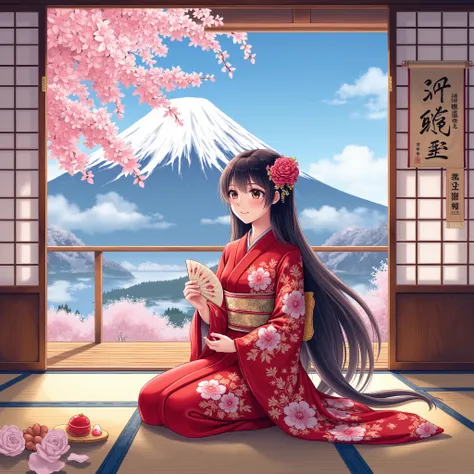 Illustrations、anime、Beautiful girl sitting、red kimono、Japanese Women、Japanese-style room、loose、Mt. Fuji、cherry blossoms、fan、