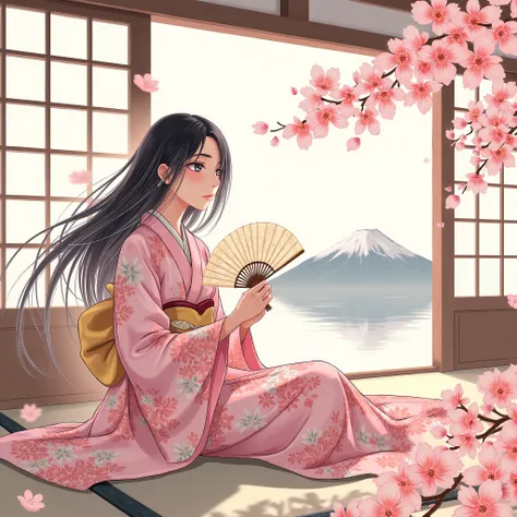 Illustrations、anime、Beautiful girl sitting、floral kimono、Japanese Women、Japanese-style room、loose、Mt. Fuji、cherry blossoms、fan、