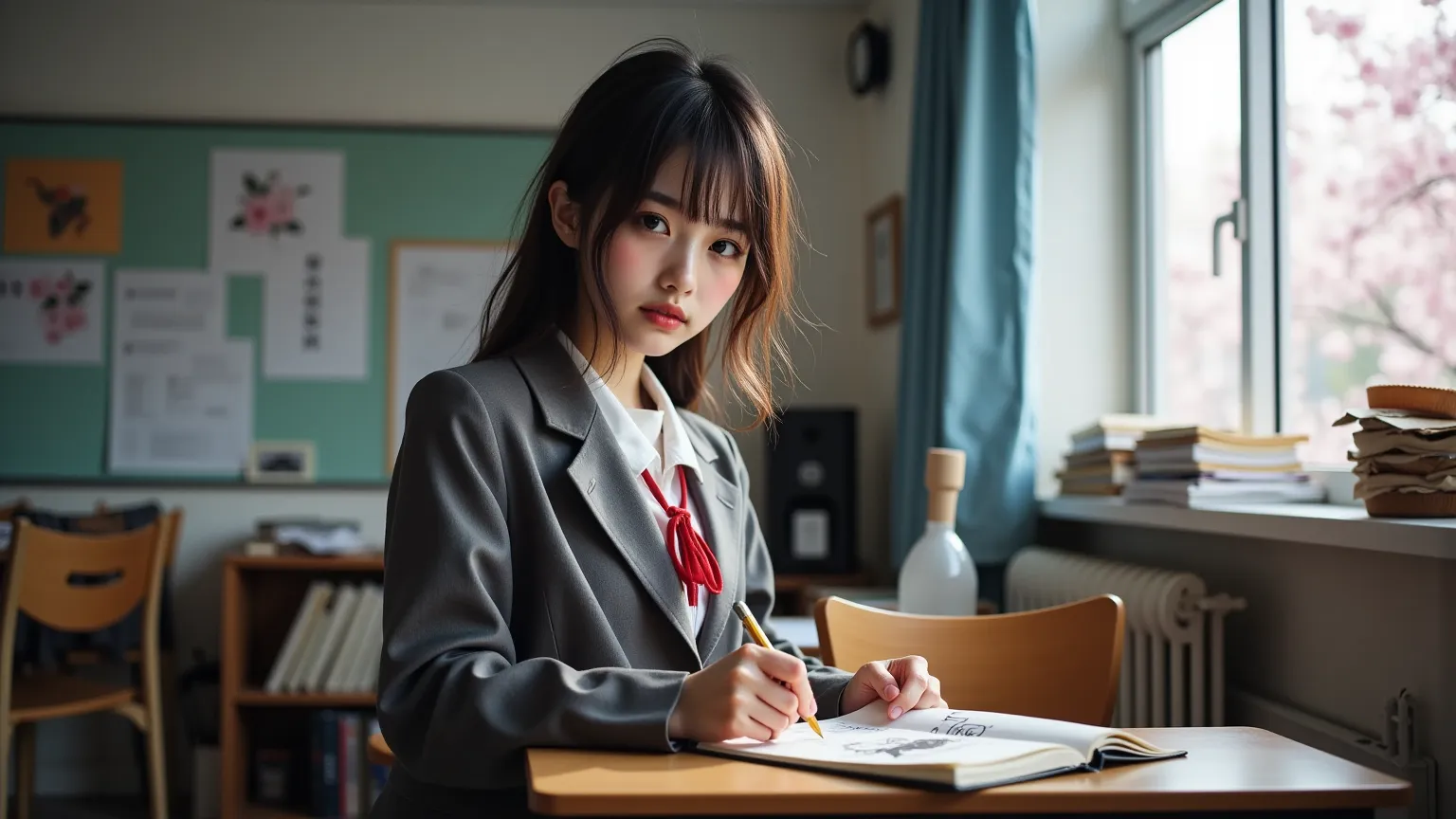 ultra-realistic, photorealistic, dramatic scene, shadow, global-illumination, Japanese high school student girl, very beautiful fragile Japanese girl, boyish cool face with sporty atmosphere, slight smile, (very large breasts), slim waist, (wearing a gray colored Japanese high school cute uniform of white shirt with blazer and skirt, red ribbon), (very large breasts), (she is taking a science class, She is drawing a large cat on her science notebook), there are cherry blossoms in full bloom outside, window, curtain, Cluttered and disorganized classrooms