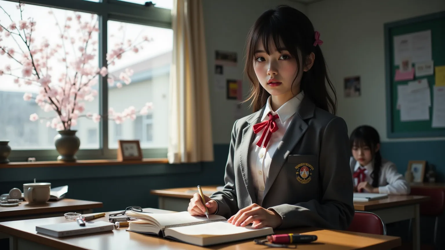 ultra-realistic, photorealistic, dramatic scene, shadow, global-illumination, Japanese high school student girl, very beautiful fragile Japanese girl, boyish cool face with sporty atmosphere, slight smile, (very large breasts), slim waist, (wearing a gray colored Japanese high school cute uniform of white shirt with blazer and skirt, red ribbon), (very large breasts), (she is taking a science class, She is drawing a large cat on her science notebook), there are cherry blossoms in full bloom outside, window, curtain, Cluttered and disorganized classrooms