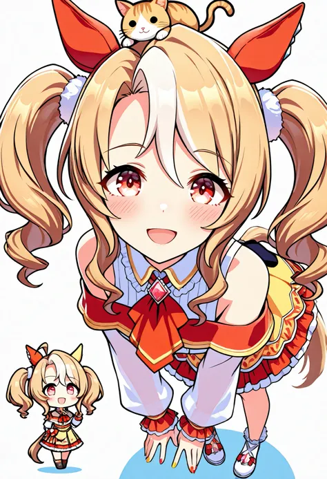 (((chibi))), (masterpiece, best quality, perfect face:1.4), wide angle, fusaichi_pandora\(umamusume\), 1girl, floating hair, twintails, white hair bobbles, horse ears, (((two-tone ear covers)), multicolored nails, horse tail, tail on the lower back, propor...