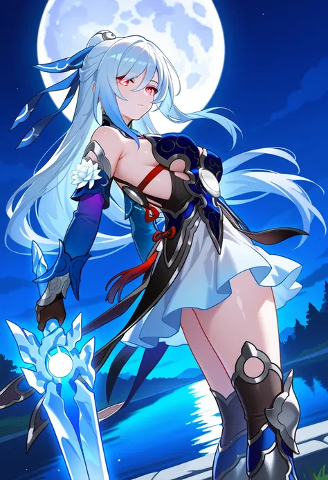 nsfw,masterpiece,best quality,highres,ultra-detailed,Jingliu,alternate color,masterpiece,detailed illustration,lifelike,front shot,{{{1Jingliu}}},1 ice saber (weapon),shiny beautiful woman,moon light lighting,dynamic angle,dynamic pose,depth of field,1girl...
