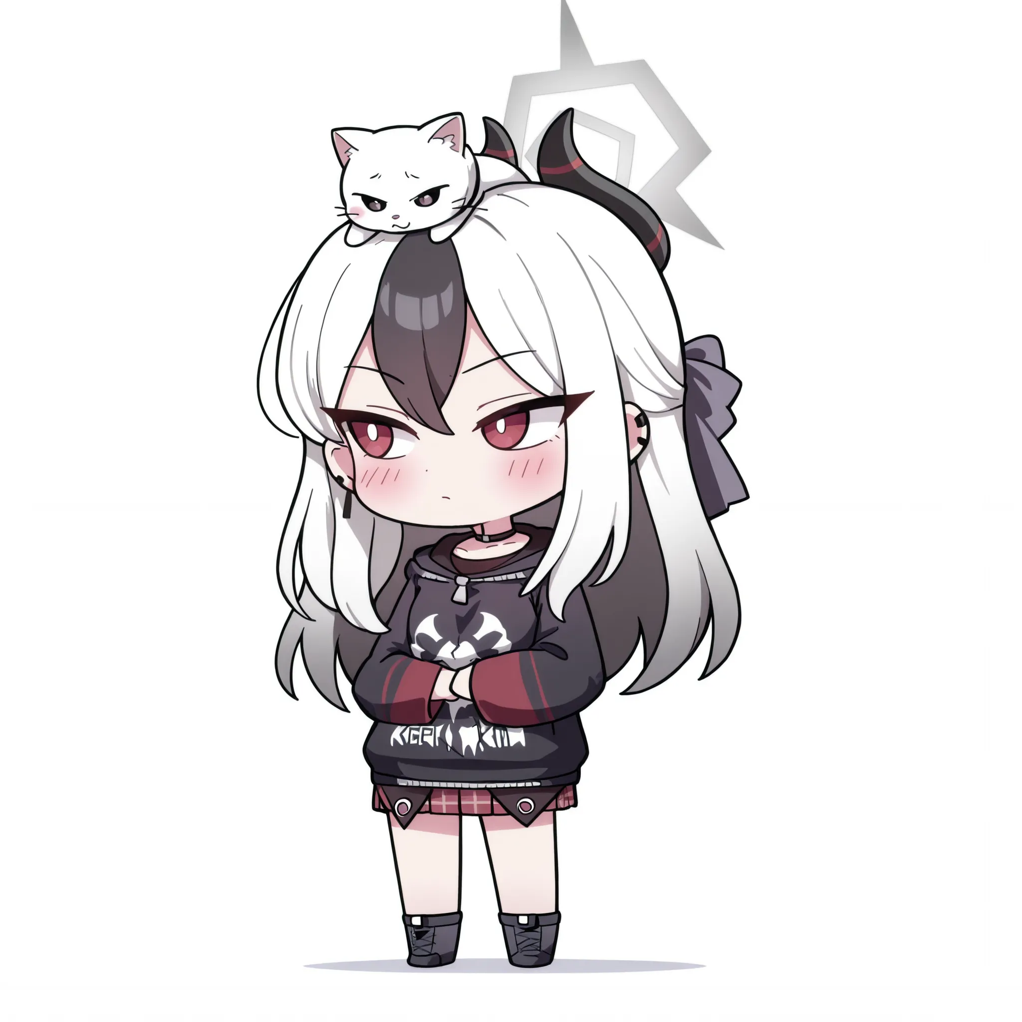 1 girl,onikata kayoko ( Blue Archive ), A girl, solo, cute, seriouslu, high quality, masterpiece, Very detailed, high quality, high resolution, beautiful, beautiful and perfect face, Chibi style, full body, blush, Chibi character, Chibi, standing,a kitte...
