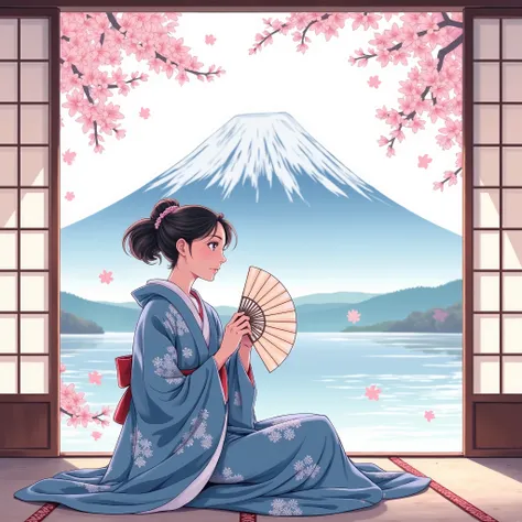 Illustrations、anime、Beautiful girl sitting、blue kimono、Japanese Women、Japanese-style room、loose、Mt. Fuji、cherry blossoms、fan、