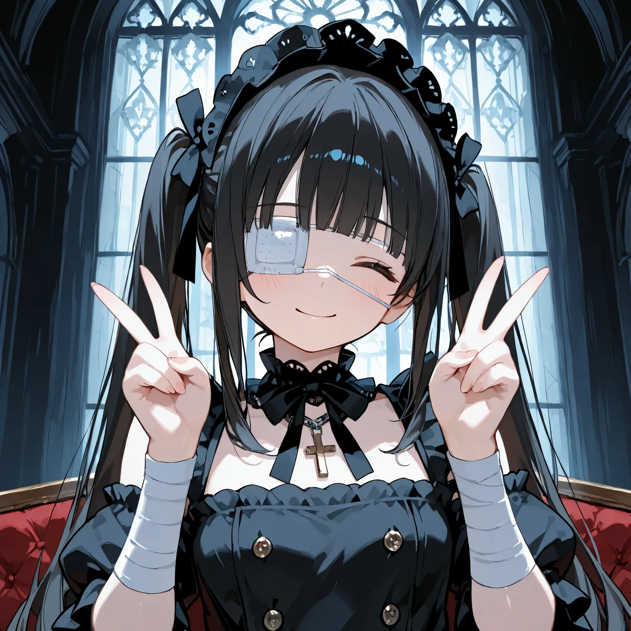 1girl, black hair, very long hair, twintails, sidelocks, (hair bow:1.2), black bow, black ribbon, ribbon, black headdress, maid headdress, frills, frilled collar, frilled sleeves, frilled straps, shirt, double-breasted, buttons, collar, square neckline, de...