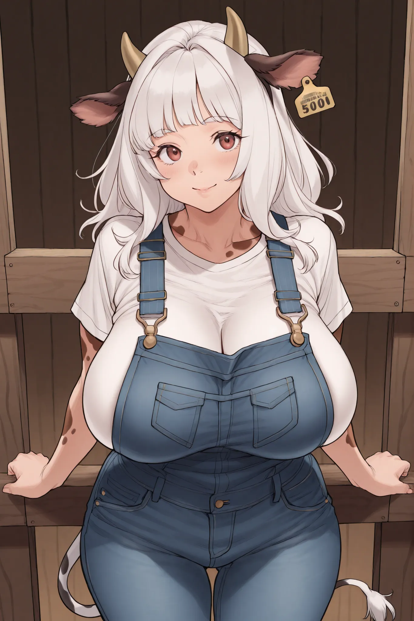 1 girl, white hair, bangs, cow ears, ear tag "500 gold", cow tail, body spots, voluptuous, four breasts, two pairs of breasts, white shirt, denim overalls, stable stall