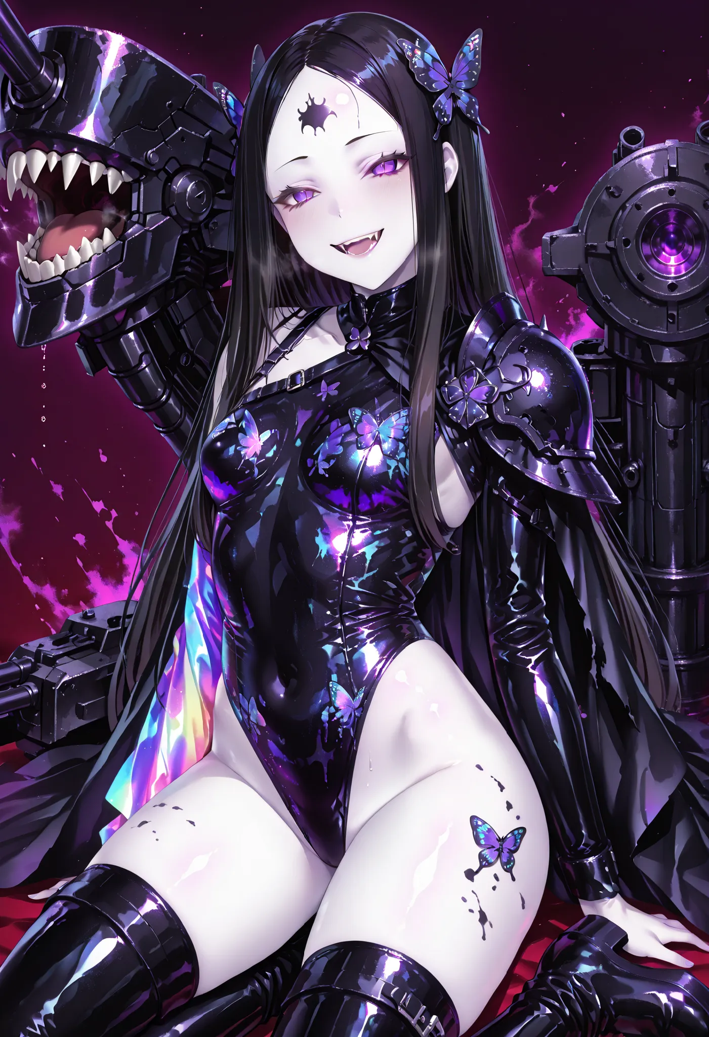Dark magical girl. Black hair. Show forehead. Butterfly motif hair ornament. Long hair. Glowing purple eyes. Fearless smile. White skin. Holographic pigment costume. Thong swimsuit. Asymmetric shoulder armor. Oversized latex boots. Torn costume. Asymmetric...